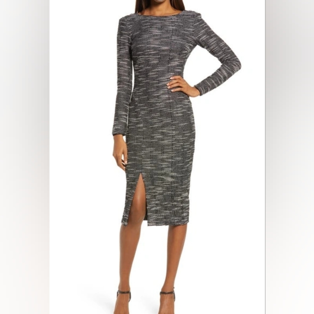 Dress The Population Women Black Natalie Front Slit Long Sleeve Tweed Midi Dress